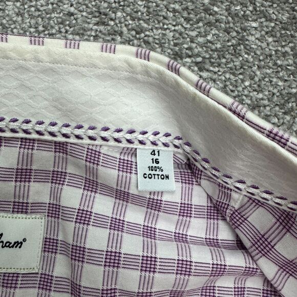 Robert Graham Button Down Shirt Men 16 Large Purple White Check Cotton Flip Cuff - Picture 5 of 16